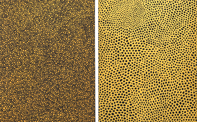 左：此次拍品   右：拍品編號X，草間彌生，《無限網（GMBKA）》，2013年作 富藝斯香港晚間拍賣，2022年12月1日 估價：HKD12,000,000 - 18,000,000 圖片和藝術品：© 草間彌生